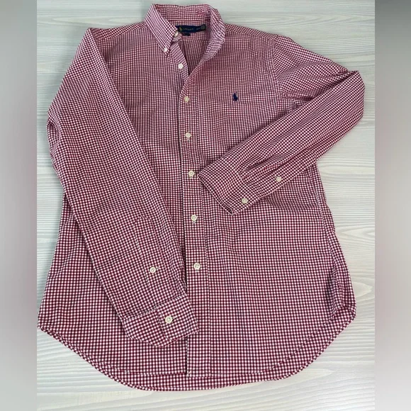 Ralph Lauren Slimfit Red Gingham Check Button Down Shirt Medium Polo Logo Cotton - Picture 1 of 6